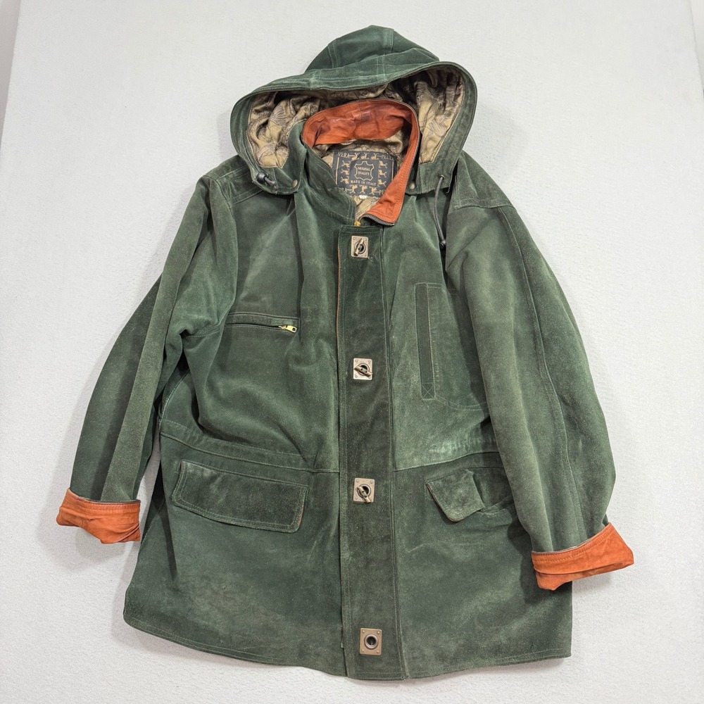 Vintage Vera Pelle Jacket Mens 56 Green Leather Suede Hooded Parka Made in Italy